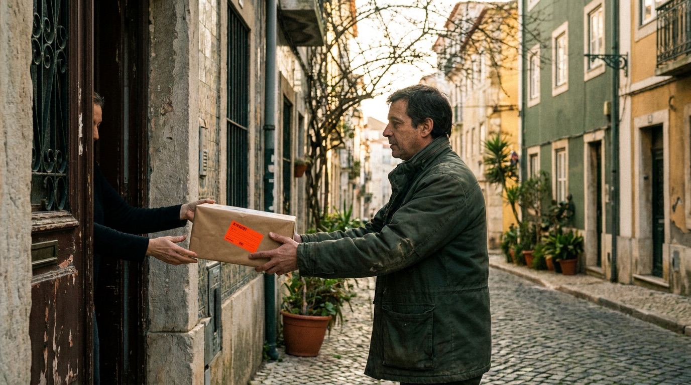 A courier handing over a kraft-paper parcel at a doorstep.