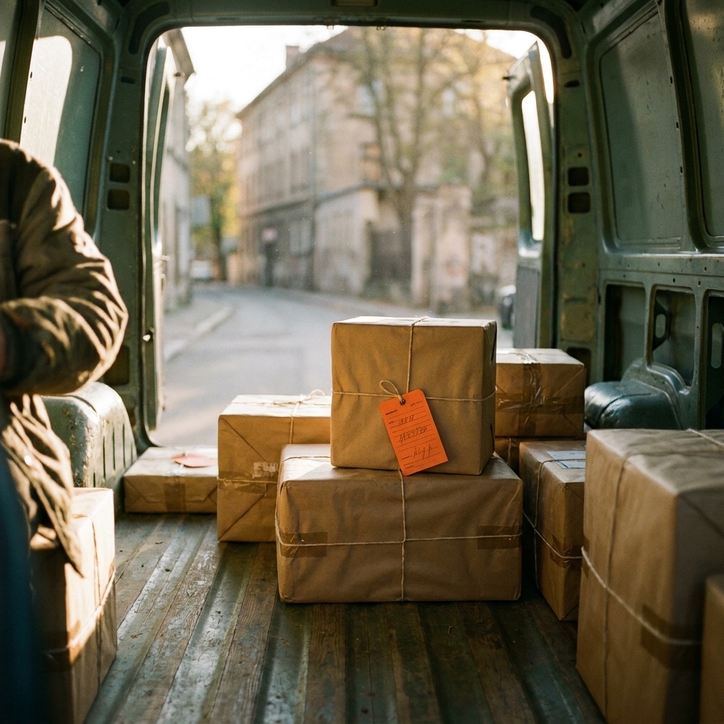 A small parcel changing hands between two people on a doorstep.